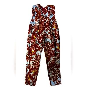 H&M Conscious Hawaiian Print Strapless Bustier Jumpsuit Maroon/Blue W/Pockets